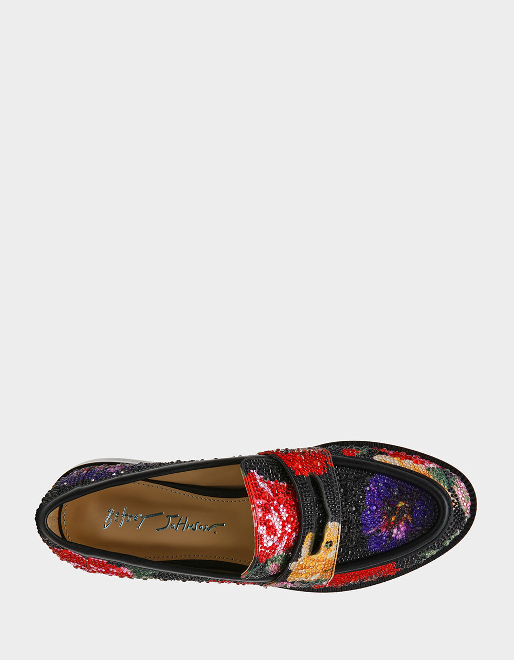 Betsey Johnson Sale | CANNE BLACK FLOWER MULTI Slip-On Embellished Rhinestone Women's Loafer