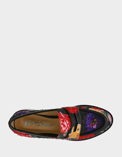 Betsey Johnson Sale | CANNE BLACK FLOWER MULTI Slip-On Embellished Rhinestone Women's Loafer