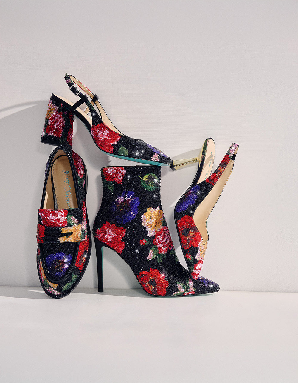 Betsey Johnson Sale | CANNE BLACK FLOWER MULTI Slip-On Embellished Rhinestone Women's Loafer