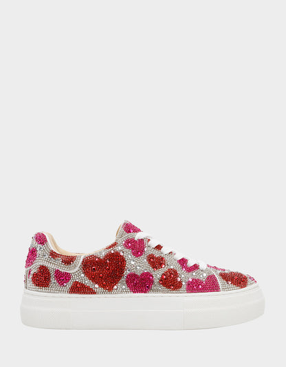 Betsey Johnson Popular | SIDNY RED/PINK HEARTS MULTI Women's Rhinestone Valentine's Day Heart Sneakers