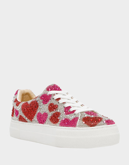 Betsey Johnson Popular | SIDNY RED/PINK HEARTS MULTI Women's Rhinestone Valentine's Day Heart Sneakers