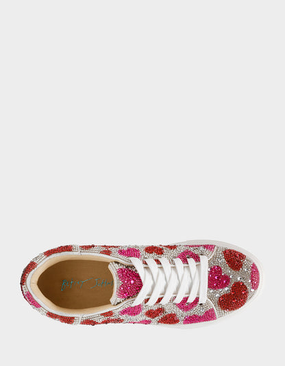 Betsey Johnson Popular | SIDNY RED/PINK HEARTS MULTI Women's Rhinestone Valentine's Day Heart Sneakers