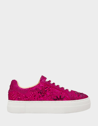 Betsey Johnson Best Seller | REILY Fuchsia Platform Low-Top Lace-Up Rhinestone Women's Sneaker