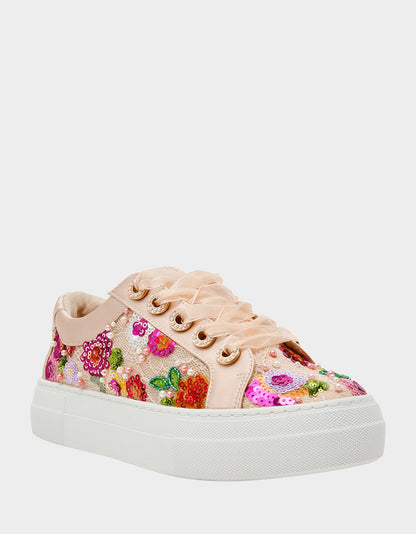 Betsey Johnson Popular | BONNY Nude Floral Sequin Mesh Floral Platform Low-Top Women's Sneaker