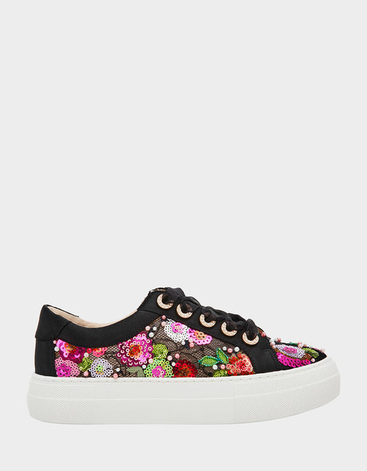 Betsey Johnson Classic | BONNY Black Floral Sequin Mesh Floral Platform Low-Top Women's Sneaker