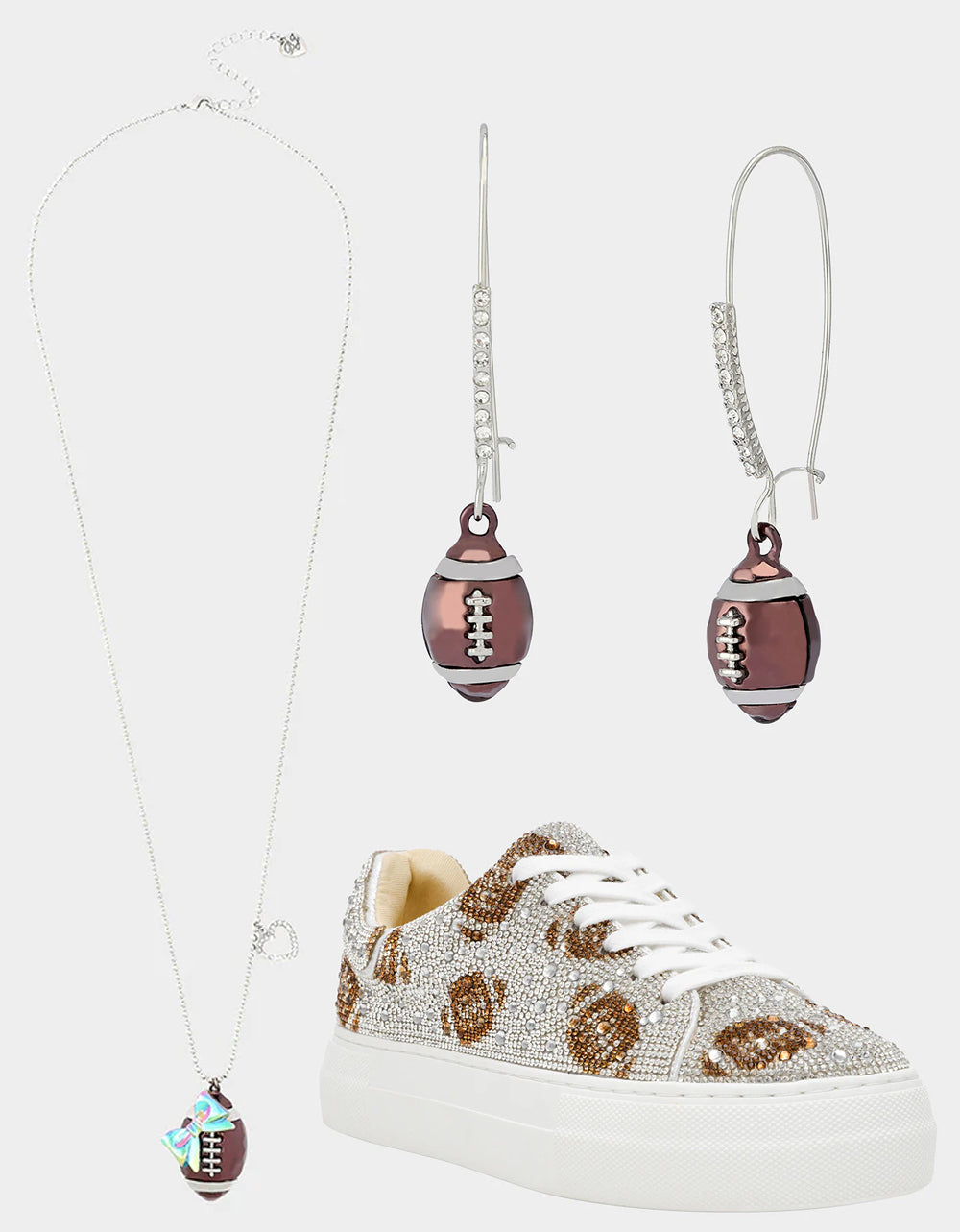 Betsey Johnson Quality | THE BIG GAME BUNDLE Women's Football Rhinestone Sneakers, Earrings, and Necklace Set