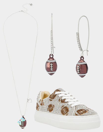 Betsey Johnson Quality | THE BIG GAME BUNDLE Women's Football Rhinestone Sneakers, Earrings, and Necklace Set