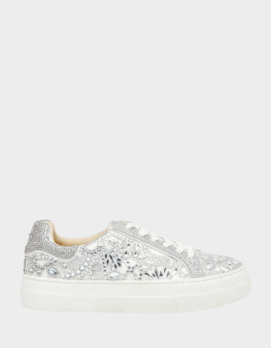 Betsey Johnson Essential | REILY WHITE Platform Low-Top Lace-Up Rhinestone Women's Sneaker