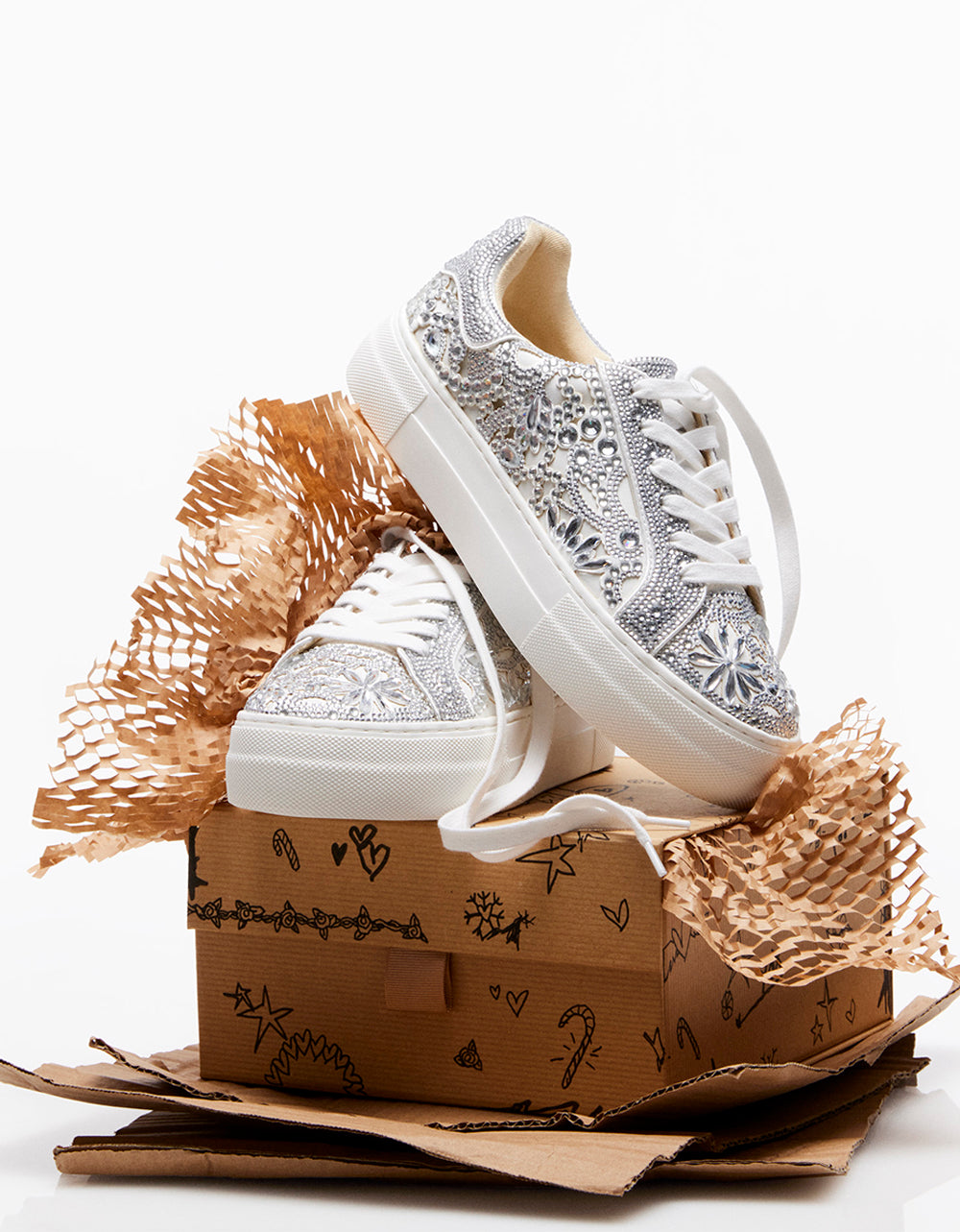 Betsey Johnson Essential | REILY WHITE Platform Low-Top Lace-Up Rhinestone Women's Sneaker