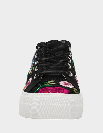 Betsey Johnson Classic | JAYLA BLACK MULTI FLORAL Platform Low-Top Lace-Up Sneaker