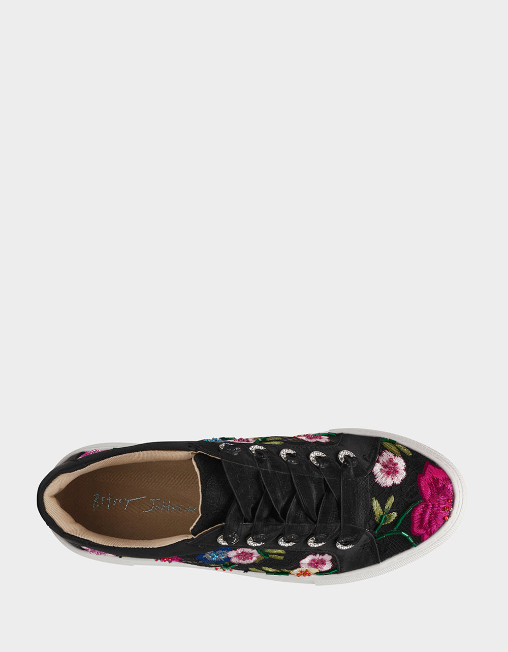 Betsey Johnson Classic | JAYLA BLACK MULTI FLORAL Platform Low-Top Lace-Up Sneaker
