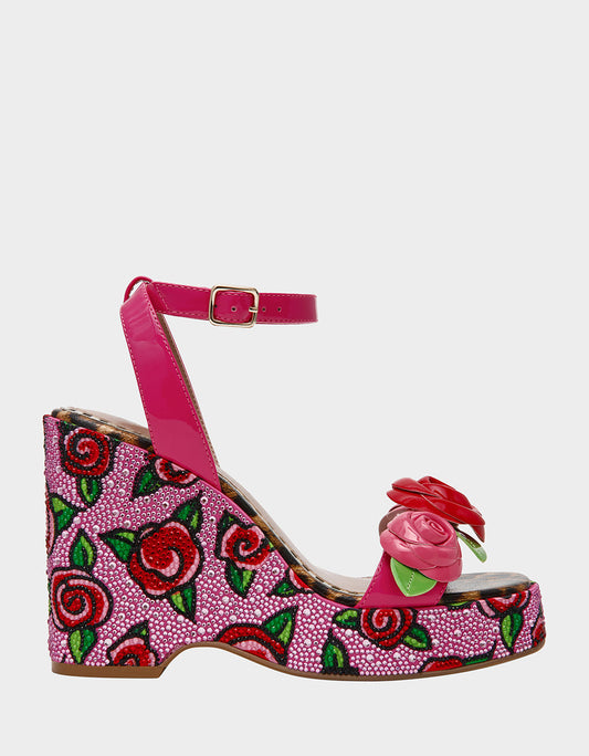 Betsey Johnson Recommended | LIZZETE Fuchsia Rose Platform Flowers Embellished Women's Wedge Heel