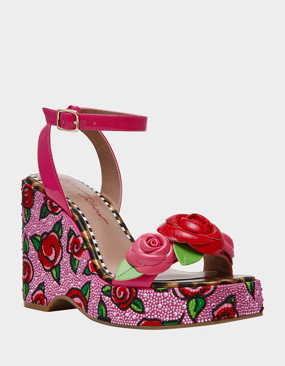 Betsey Johnson Recommended | LIZZETE Fuchsia Rose Platform Flowers Embellished Women's Wedge Heel