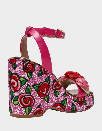 Betsey Johnson Recommended | LIZZETE Fuchsia Rose Platform Flowers Embellished Women's Wedge Heel
