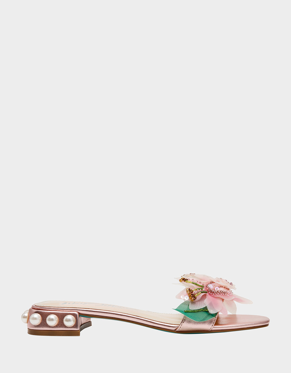 Betsey Johnson Best Seller | ROSIA Light Pink Flower Embellished Pearl Square-Toe Women's Block Heel