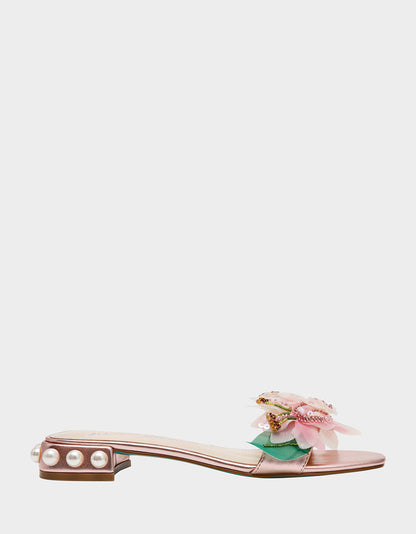 Betsey Johnson Best Seller | ROSIA Light Pink Flower Embellished Pearl Square-Toe Women's Block Heel