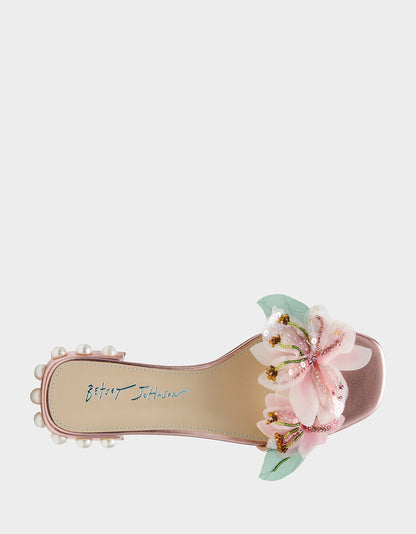 Betsey Johnson Best Seller | ROSIA Light Pink Flower Embellished Pearl Square-Toe Women's Block Heel
