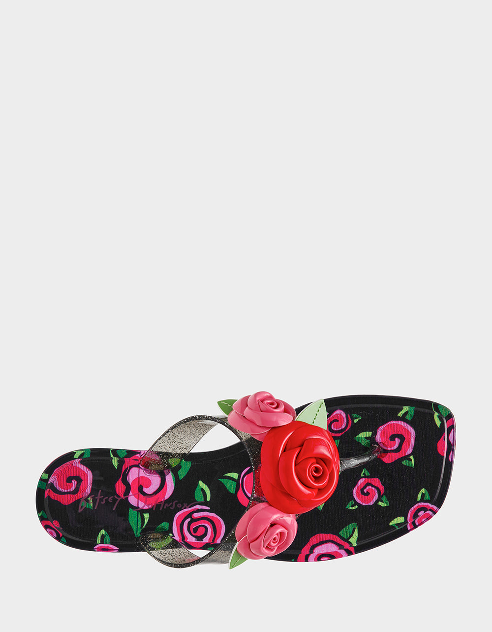 Betsey Johnson Value | TRENTEN Black Rose Jelly Thong Strappy Women's Sandal
