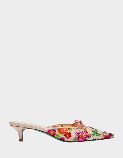 Betsey Johnson Signature | KEELY Nude Floral Pointed-Toe Mule Embellished Women's Kitten Heel