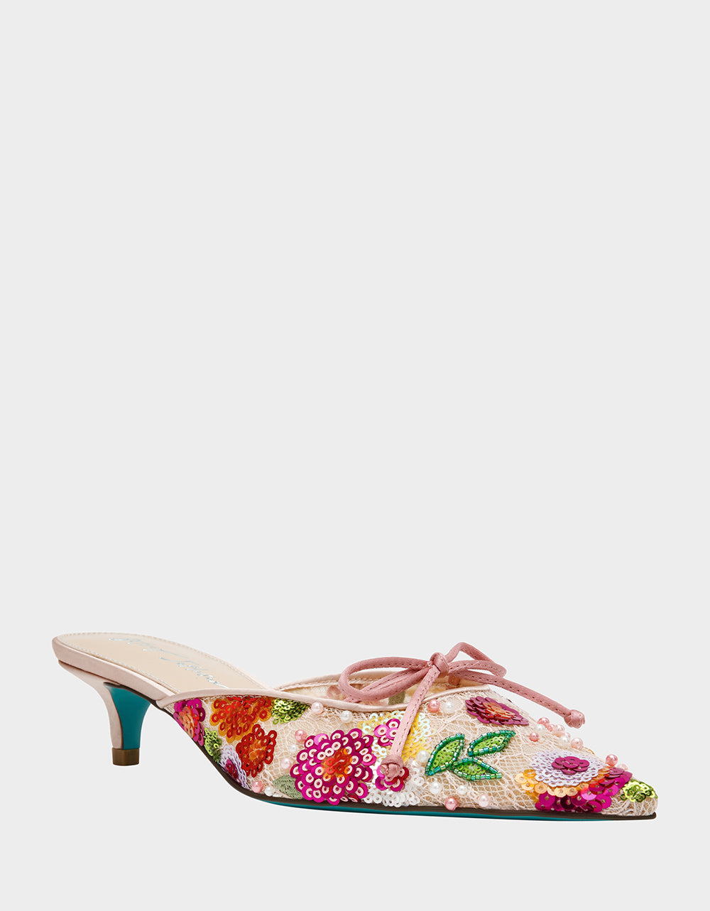 Betsey Johnson Signature | KEELY Nude Floral Pointed-Toe Mule Embellished Women's Kitten Heel