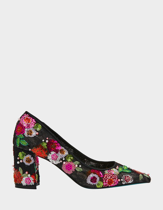 Betsey Johnson Customer Favorite | CYRUS Black Floral Pointed-Toe Sequin Embellished Women's Heel