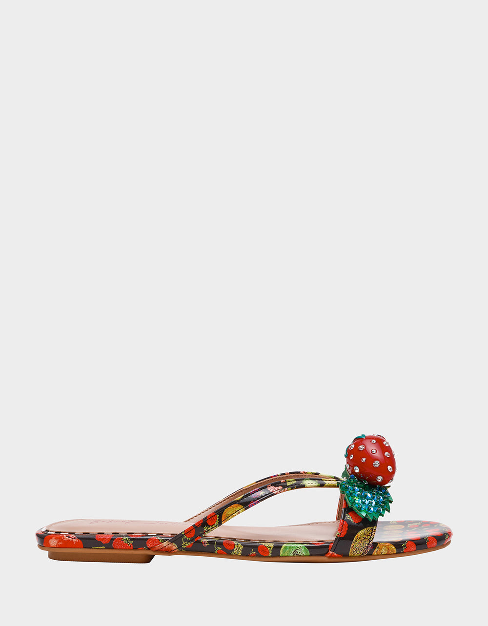 Betsey Johnson Recommended | GARRIK BLACK MULTI Women's Thong Strappy Fruit Printed Sandal