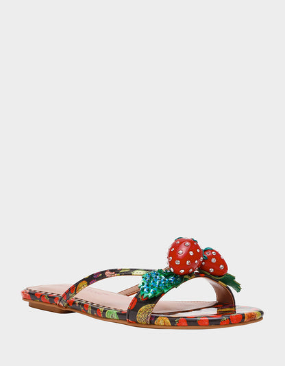 Betsey Johnson Recommended | GARRIK BLACK MULTI Women's Thong Strappy Fruit Printed Sandal