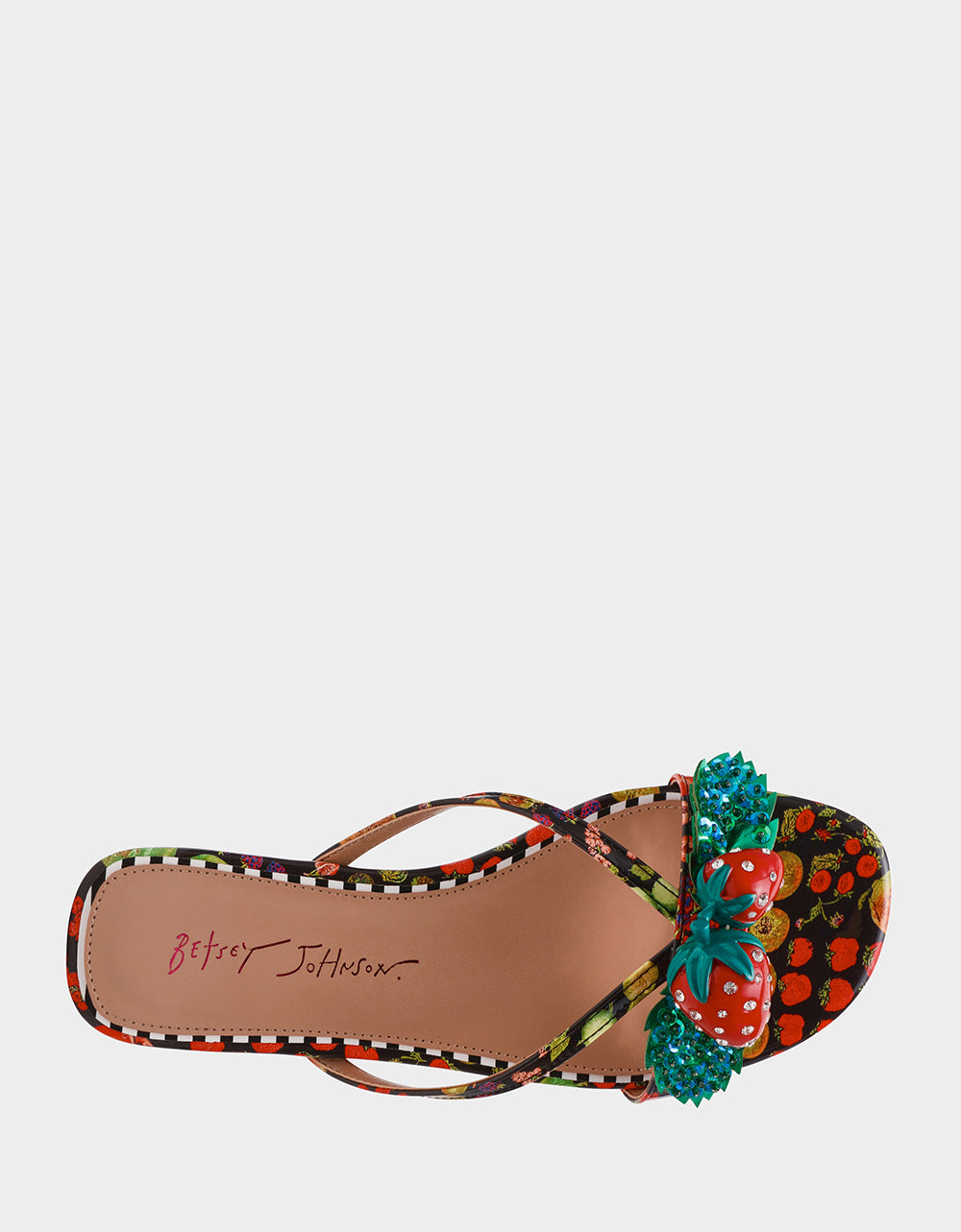 Betsey Johnson Recommended | GARRIK BLACK MULTI Women's Thong Strappy Fruit Printed Sandal
