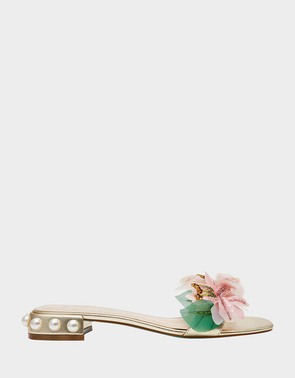 Betsey Johnson Deals | ROSIA Light Gold Flower Embellished Pearl Square-Toe Women's Block Heel