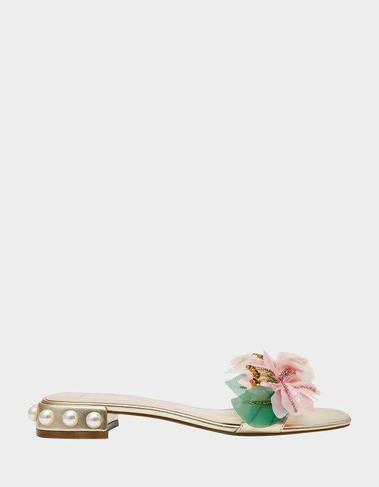 Betsey Johnson Deals | ROSIA Light Gold Flower Embellished Pearl Square-Toe Women's Block Heel