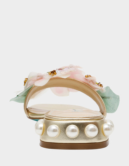 Betsey Johnson Deals | ROSIA Light Gold Flower Embellished Pearl Square-Toe Women's Block Heel
