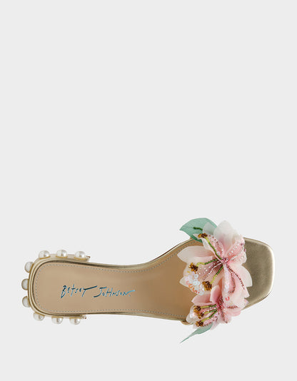 Betsey Johnson Deals | ROSIA Light Gold Flower Embellished Pearl Square-Toe Women's Block Heel