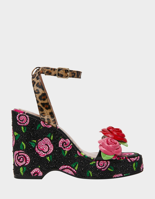 Betsey Johnson Special Offer | LIZZETE Black Rose Platform Flowers Embellished Women's Wedge Heel