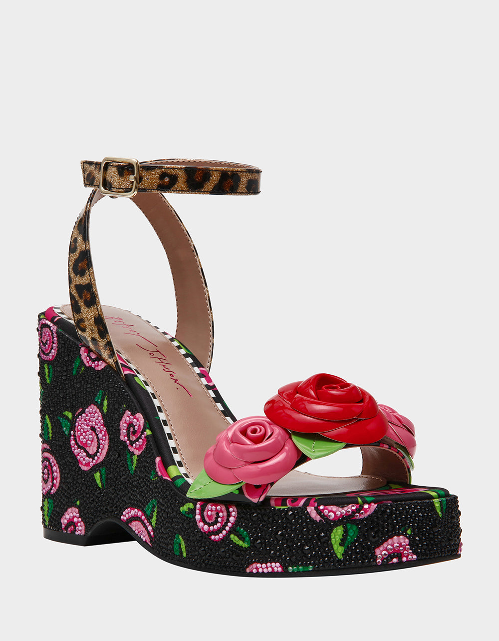 Betsey Johnson Special Offer | LIZZETE Black Rose Platform Flowers Embellished Women's Wedge Heel
