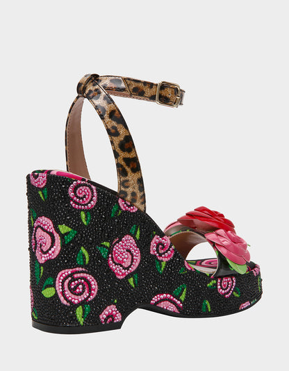 Betsey Johnson Special Offer | LIZZETE Black Rose Platform Flowers Embellished Women's Wedge Heel