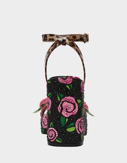 Betsey Johnson Special Offer | LIZZETE Black Rose Platform Flowers Embellished Women's Wedge Heel