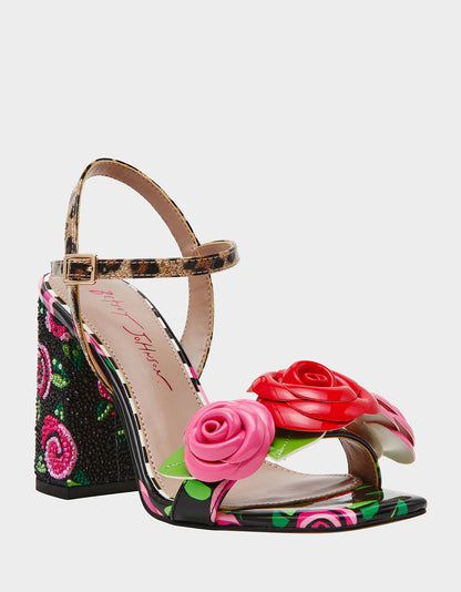 Betsey Johnson Featured | KRYSTLE Black Rose Flower Embellished Women's Block Heel
