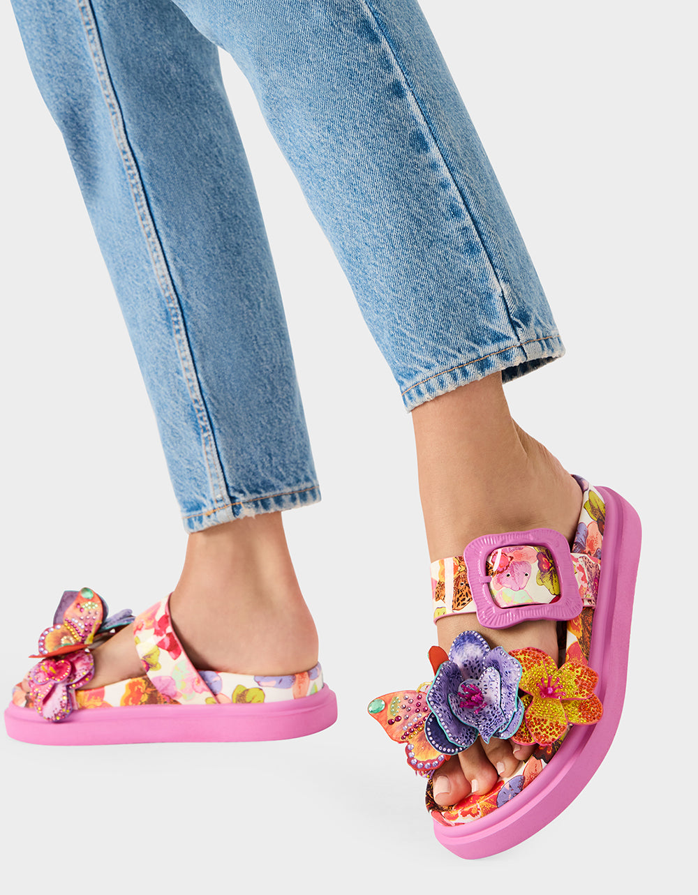 Betsey Johnson Signature | LORAYNE WHITE MULTI Women's Footbed Slip-On Sandal with Flower and Butterfly Details