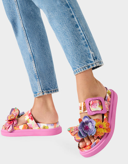 Betsey Johnson Signature | LORAYNE WHITE MULTI Women's Footbed Slip-On Sandal with Flower and Butterfly Details
