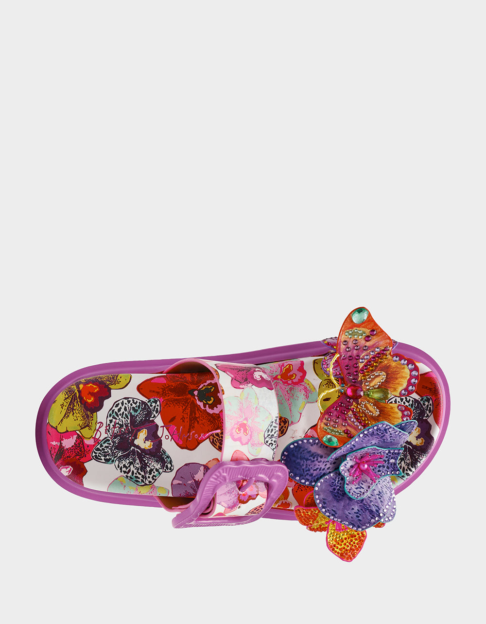 Betsey Johnson Signature | LORAYNE WHITE MULTI Women's Footbed Slip-On Sandal with Flower and Butterfly Details