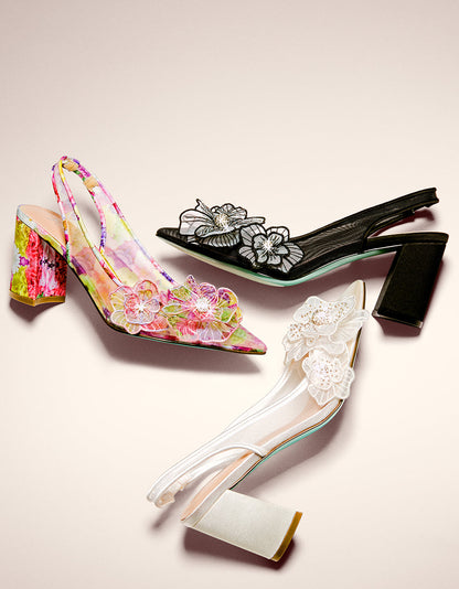 Betsey Johnson Top Pick | PETRA IVORY Slingback Floral Mesh Block Heel