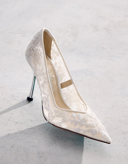 Betsey Johnson Featured | JENII IVORY Pointed-Toe Mesh Embellished Floral Print Pump Women's Heel