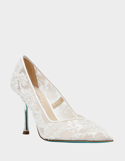 Betsey Johnson Featured | JENII IVORY Pointed-Toe Mesh Embellished Floral Print Pump Women's Heel