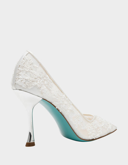 Betsey Johnson Featured | JENII IVORY Pointed-Toe Mesh Embellished Floral Print Pump Women's Heel