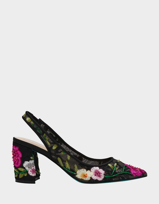 Betsey Johnson Hot Sale | LIRA BLACK MULTI FLORAL Pointed-Toe Slingback Mesh Women's Heel