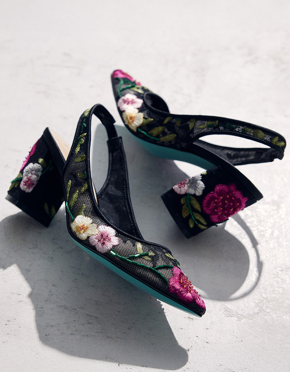 Betsey Johnson Hot Sale | LIRA BLACK MULTI FLORAL Pointed-Toe Slingback Mesh Women's Heel