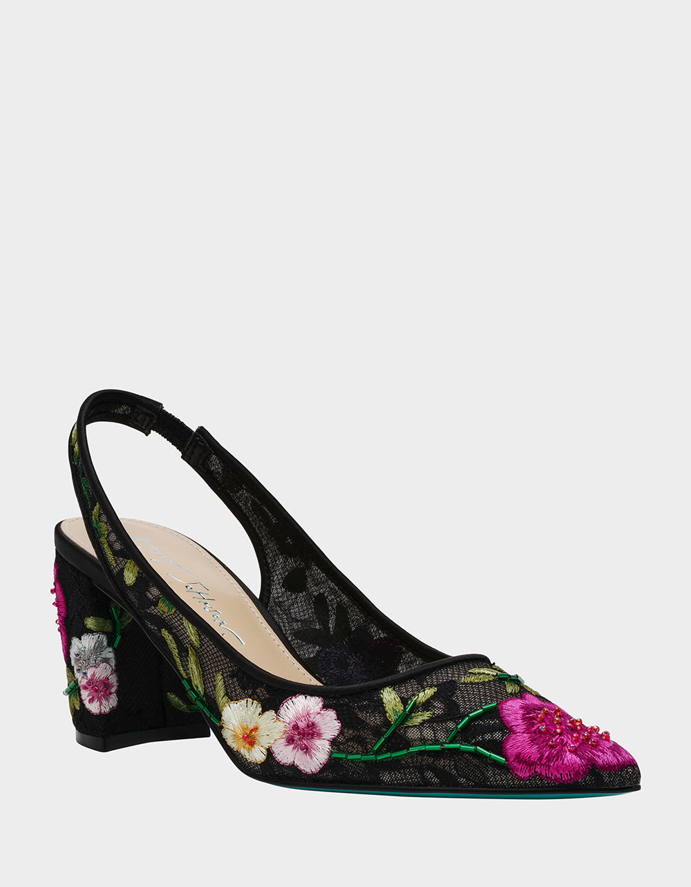 Betsey Johnson Hot Sale | LIRA BLACK MULTI FLORAL Pointed-Toe Slingback Mesh Women's Heel
