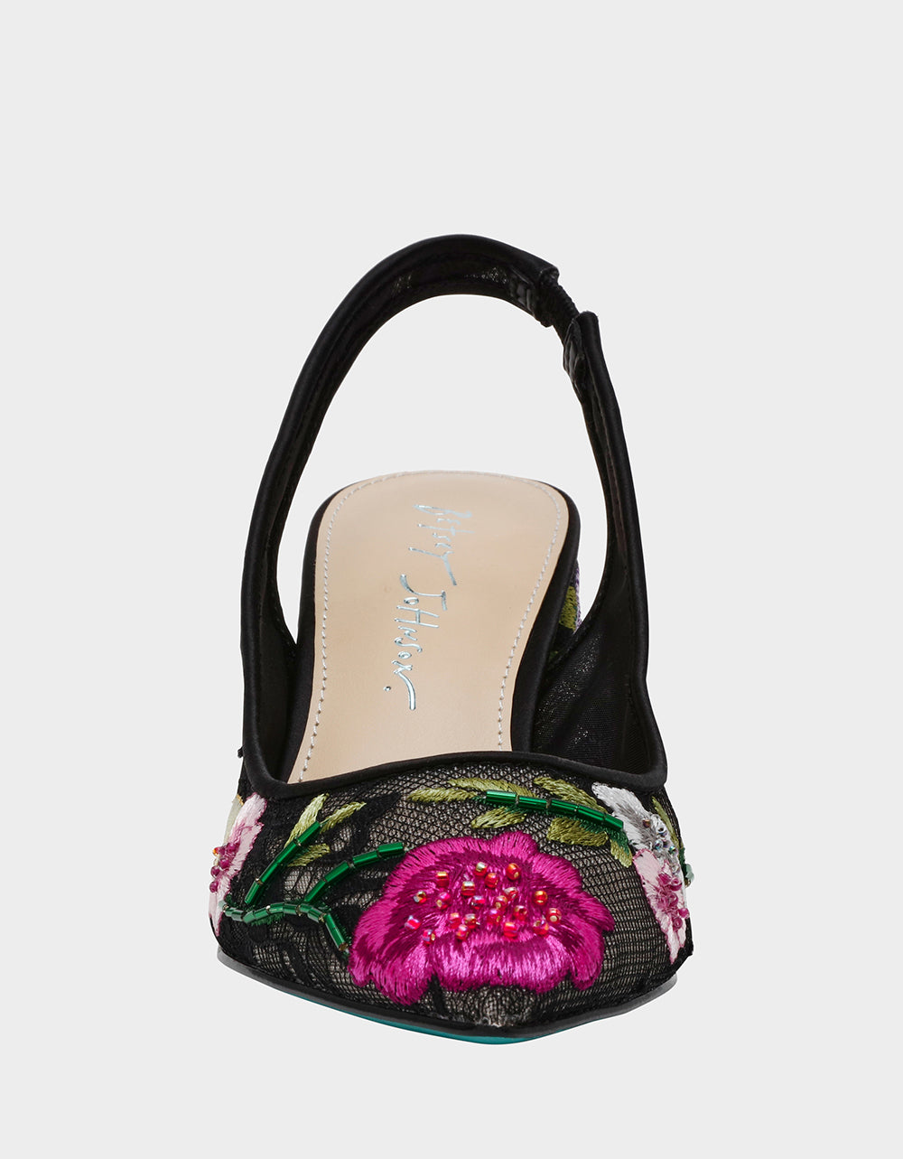 Betsey Johnson Hot Sale | LIRA BLACK MULTI FLORAL Pointed-Toe Slingback Mesh Women's Heel