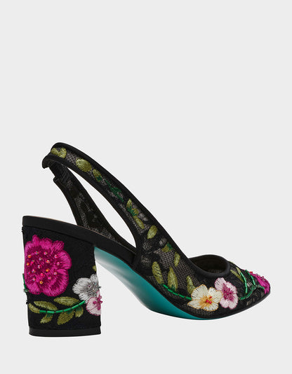 Betsey Johnson Hot Sale | LIRA BLACK MULTI FLORAL Pointed-Toe Slingback Mesh Women's Heel