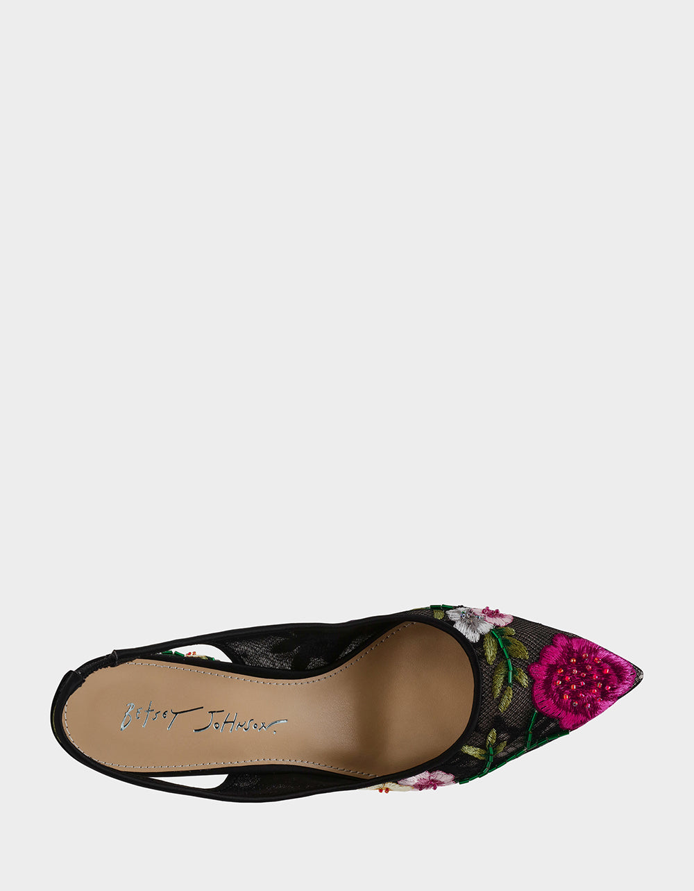 Betsey Johnson Hot Sale | LIRA BLACK MULTI FLORAL Pointed-Toe Slingback Mesh Women's Heel